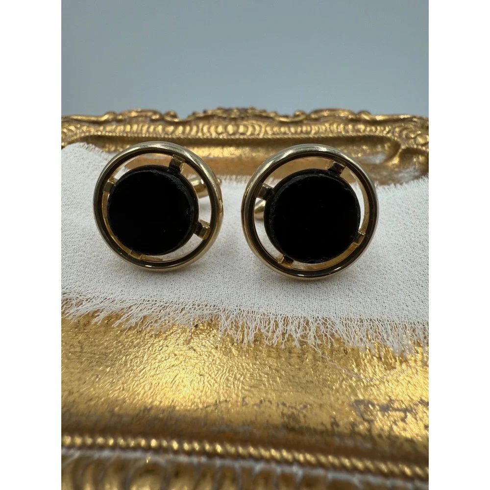 Vintage Gold‎ Tone Round Black Stone Cufflinks Geometric Formal Wedding Mens